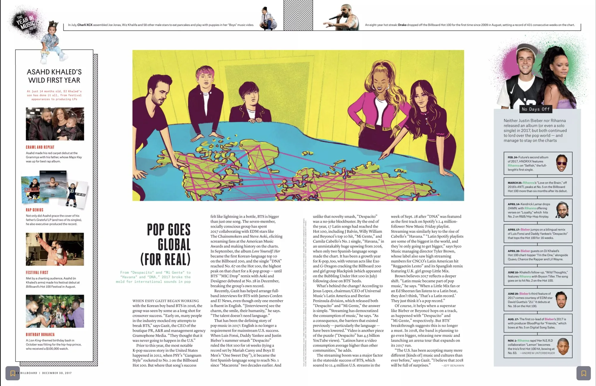 Billboard December 2017 Year in Music print spread, 'Pop Goes Global (For Real)', featuring Eshy Gazit on BTS US crossover