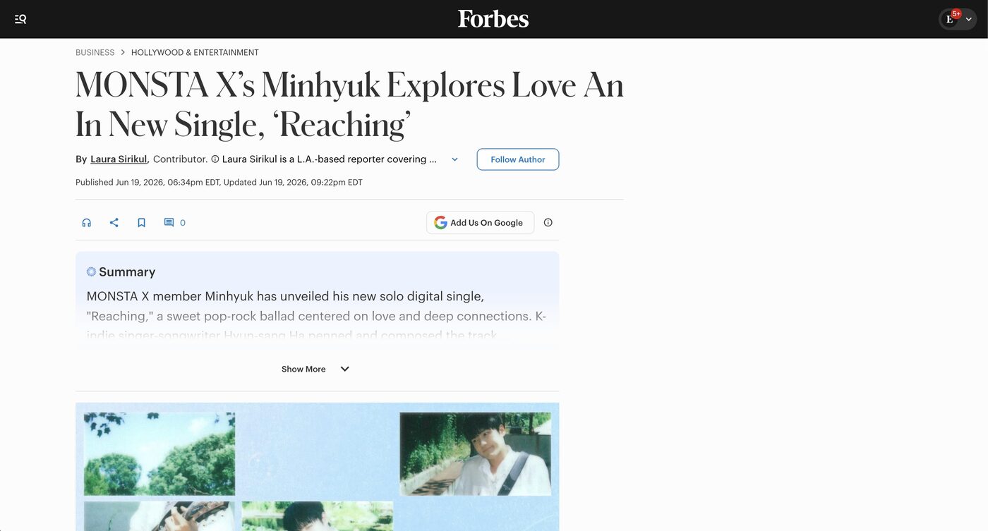 Forbes feature: MONSTA X's Minhyuk explores love and longing in new single Reaching